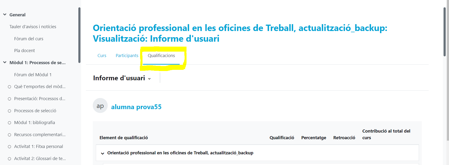 Menú Qualificacions del curs